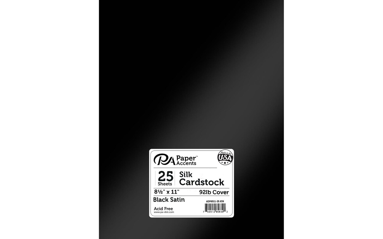 PA Paper Accents Silk Cardstock 8.5" x 11" Black Satin, 92lb colored cardstock paper for card making, scrapbooking, printing, quilling and crafts, 25 piece pack